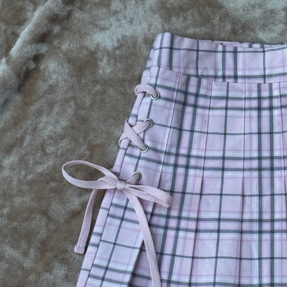 Lace up plaid mini skirt cotton candy pink school girl skater barbie - Picture 9 of 9
